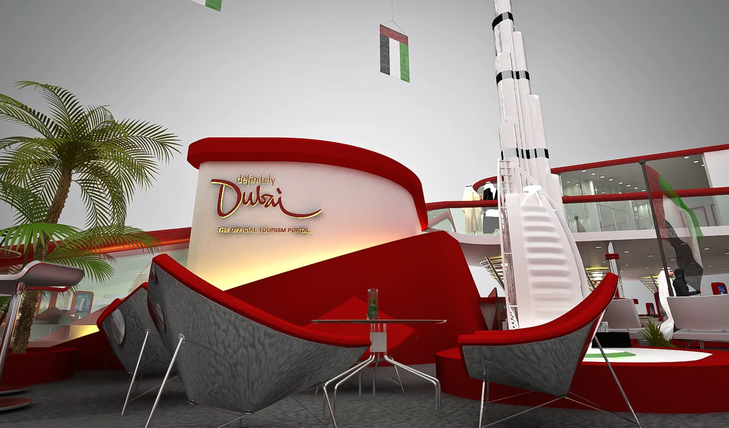 Dubai Tourism stand with a red wave