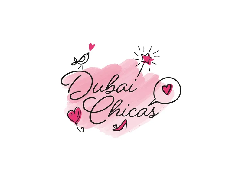 Dubai Chicas identity: a hand-drawn script with a bird, a heart balloon, a star wand and a pink shoe