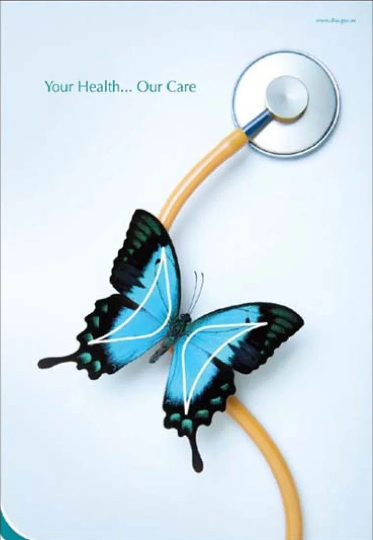 The butterfly in colour, with the headline Your Health... Our Care and the logo.