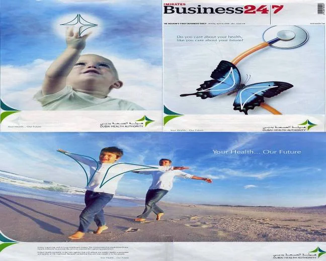 The front of Emirates Business 24|7 with three advertisements round the masthead.