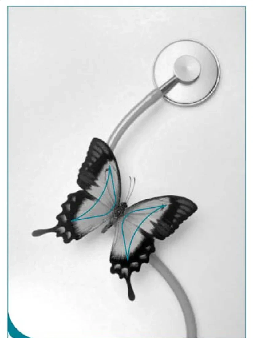 Teaser: a butterfly on a stethoscope; pieces of the star are traced in its wings. Black and white.