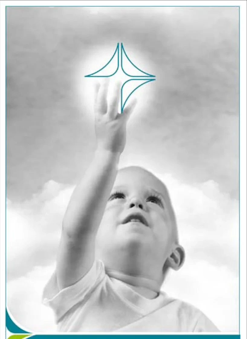 Teaser: a baby reaching up to a light in which the star is drawn in outline. Black and white.