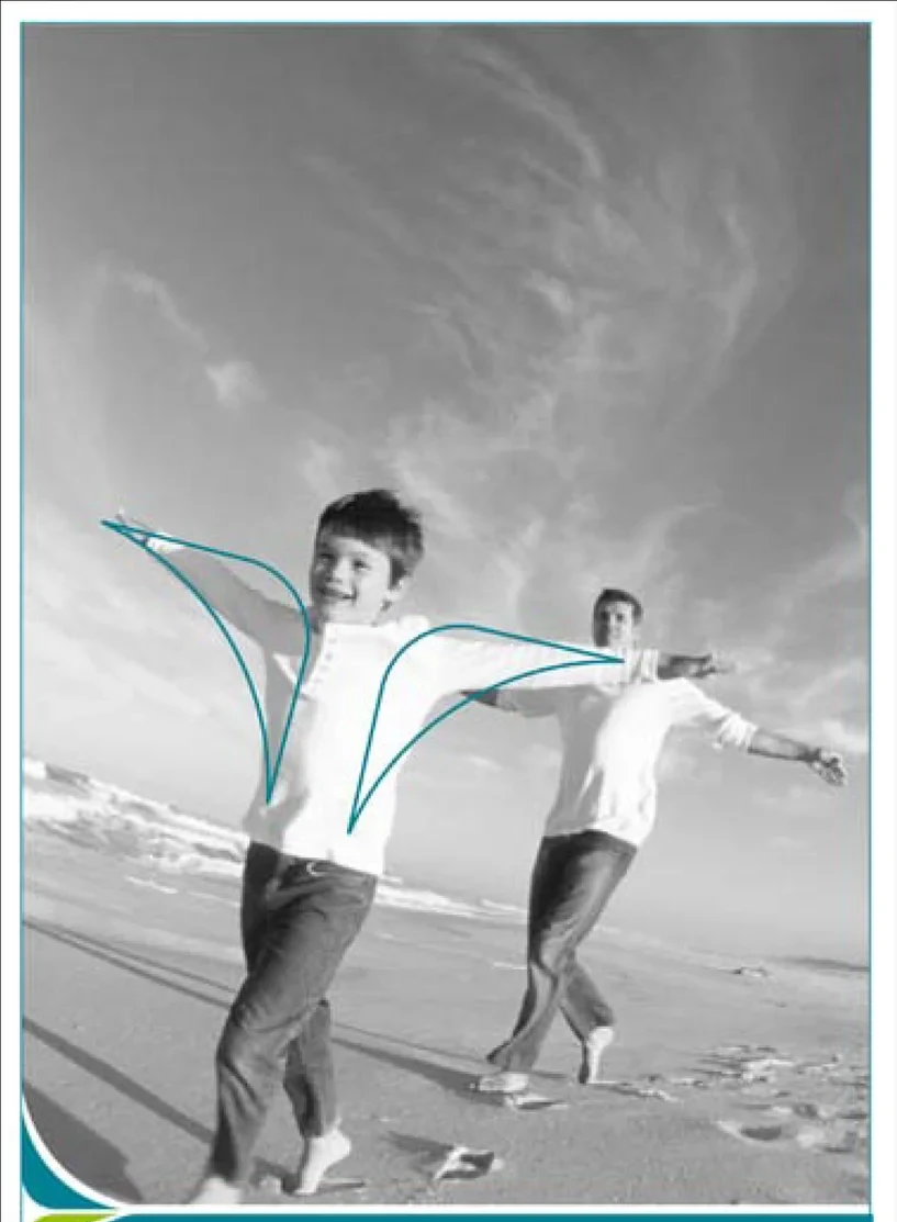 Teaser: a boy and a man on a beach with their arms out; two pieces of the star are traced along the boy’s arms. Black and white.