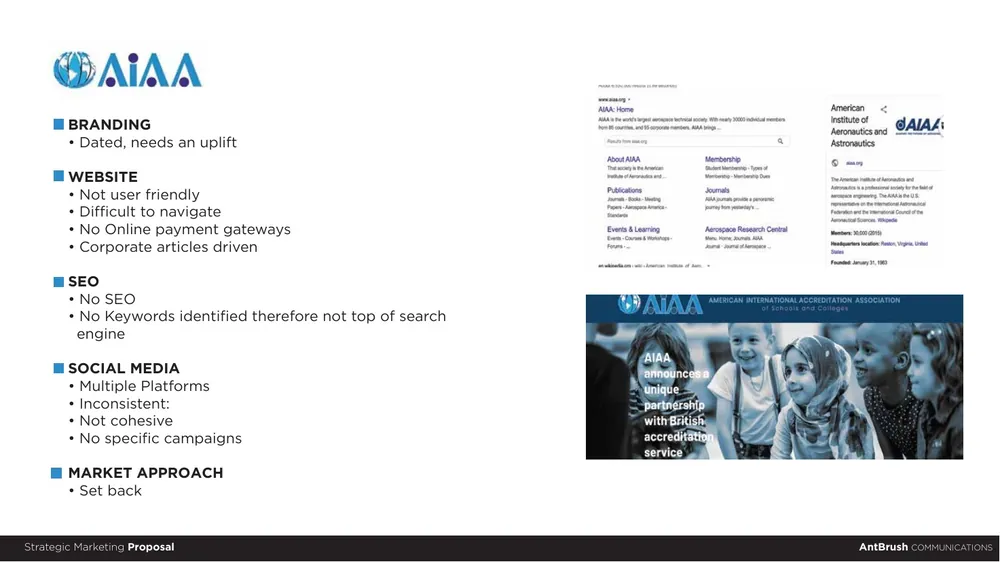 Our audit of the association's old brand, AiAA: branding dated, website, search, social media, market approach