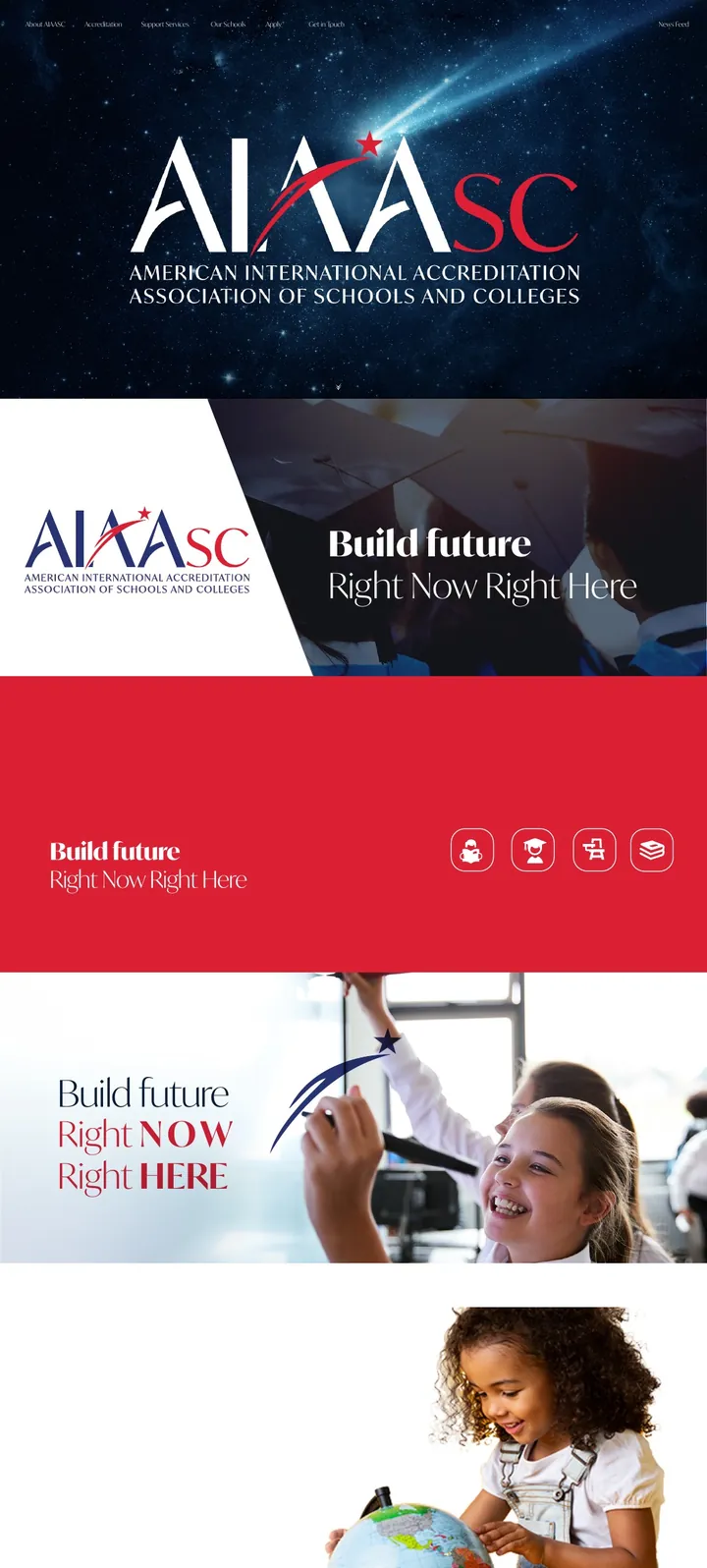 Our design for the AIAASC home page: the logo in a night sky, then Build future, Right now, Right here