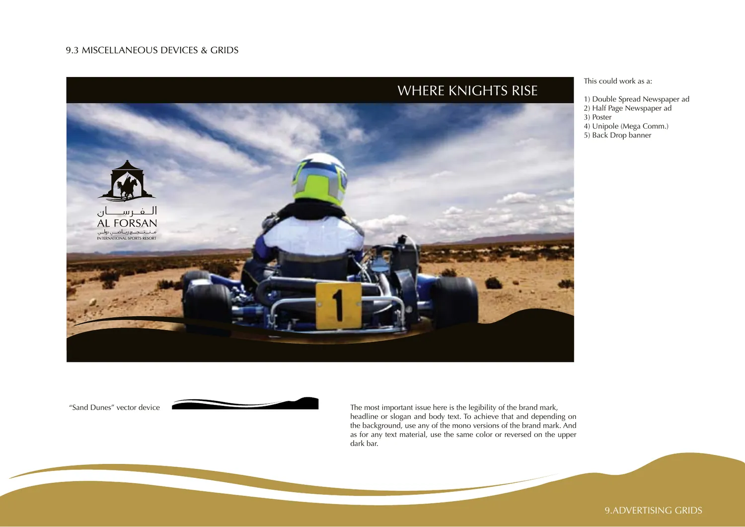 A page of the identity manual, “Miscellaneous devices and grids”: a landscape advertisement with a kart driver in the desert under the line Where knights rise, the logo at the left and the sand dunes device below