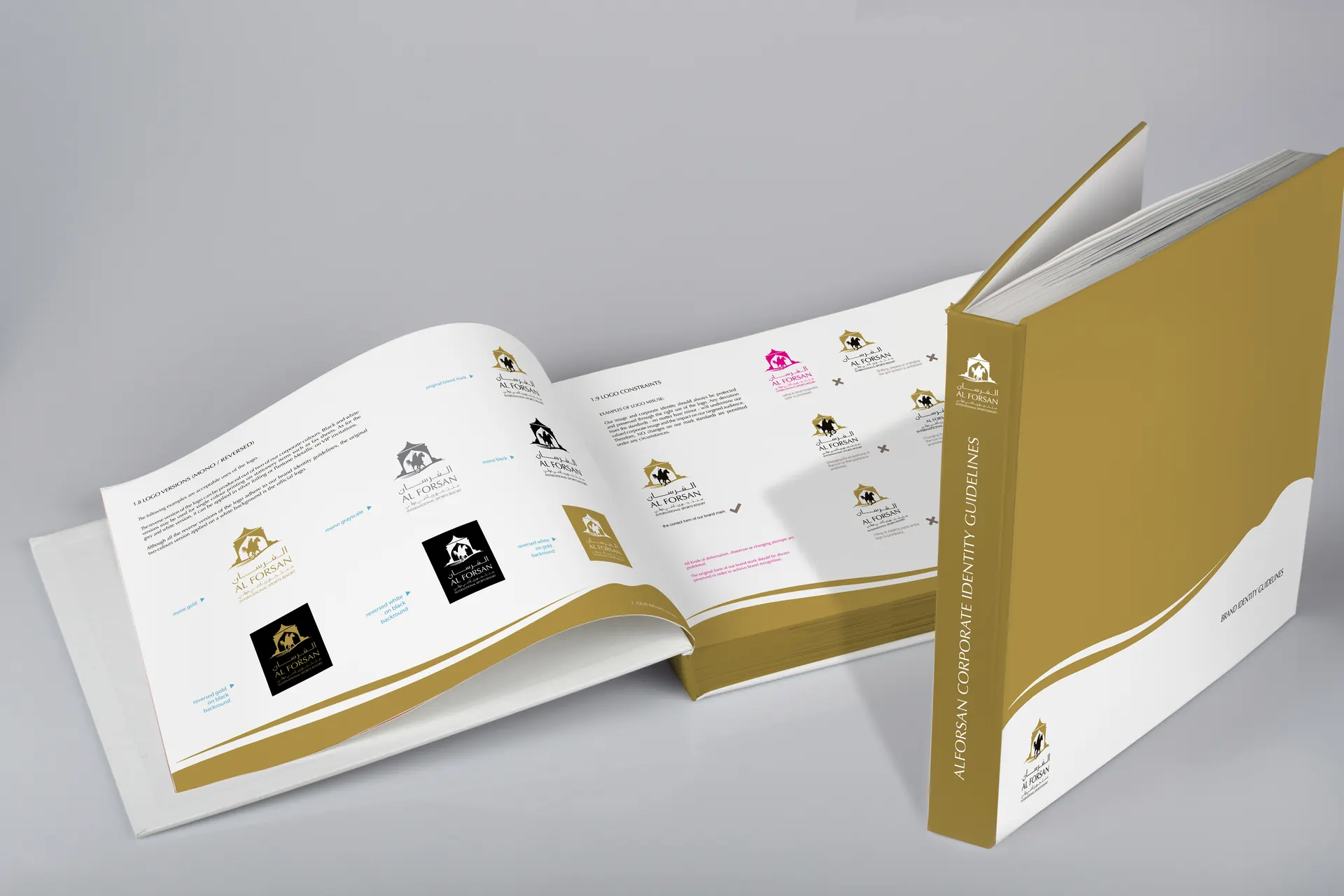 Photograph: the printed identity manual, one copy standing with its gold cover and spine, one copy open at the page of logo versions