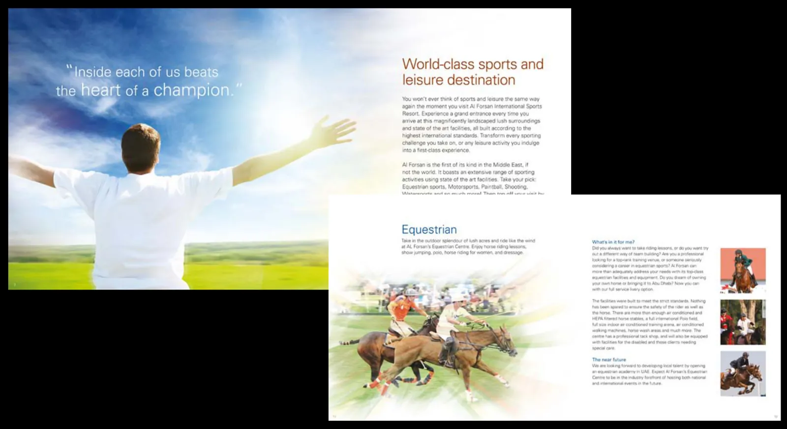 Two spreads of the soft-launch brochure: a man with open arms under a sky, “Inside each of us beats the heart of a champion”; and the Equestrian spread with polo players