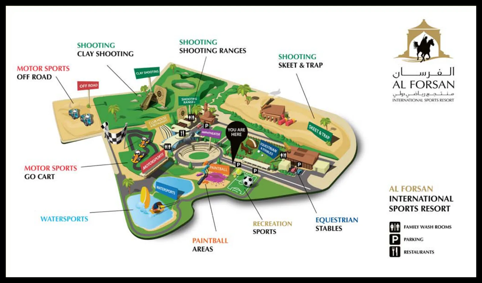 The illustrated map of the resort: clay shooting, shooting ranges, skeet and trap, off-road and go-kart tracks, watersports, paintball, recreation and the equestrian stables, with the logo and a legend