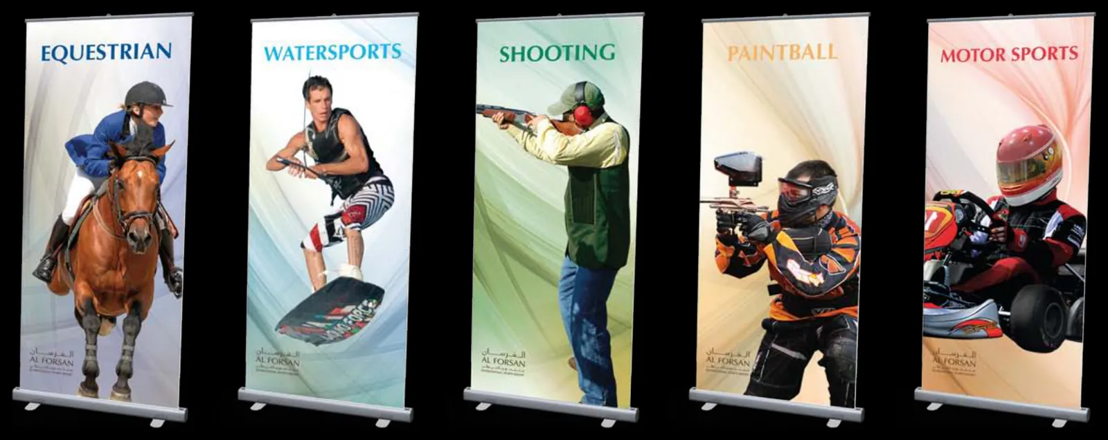 Five roll-up banners side by side: Equestrian, Watersports, Shooting, Paintball, Motor Sports, each with its athlete