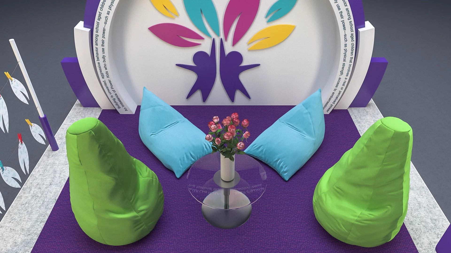 Inside the stand: bean bags, cushions and a glass table with roses before the mark