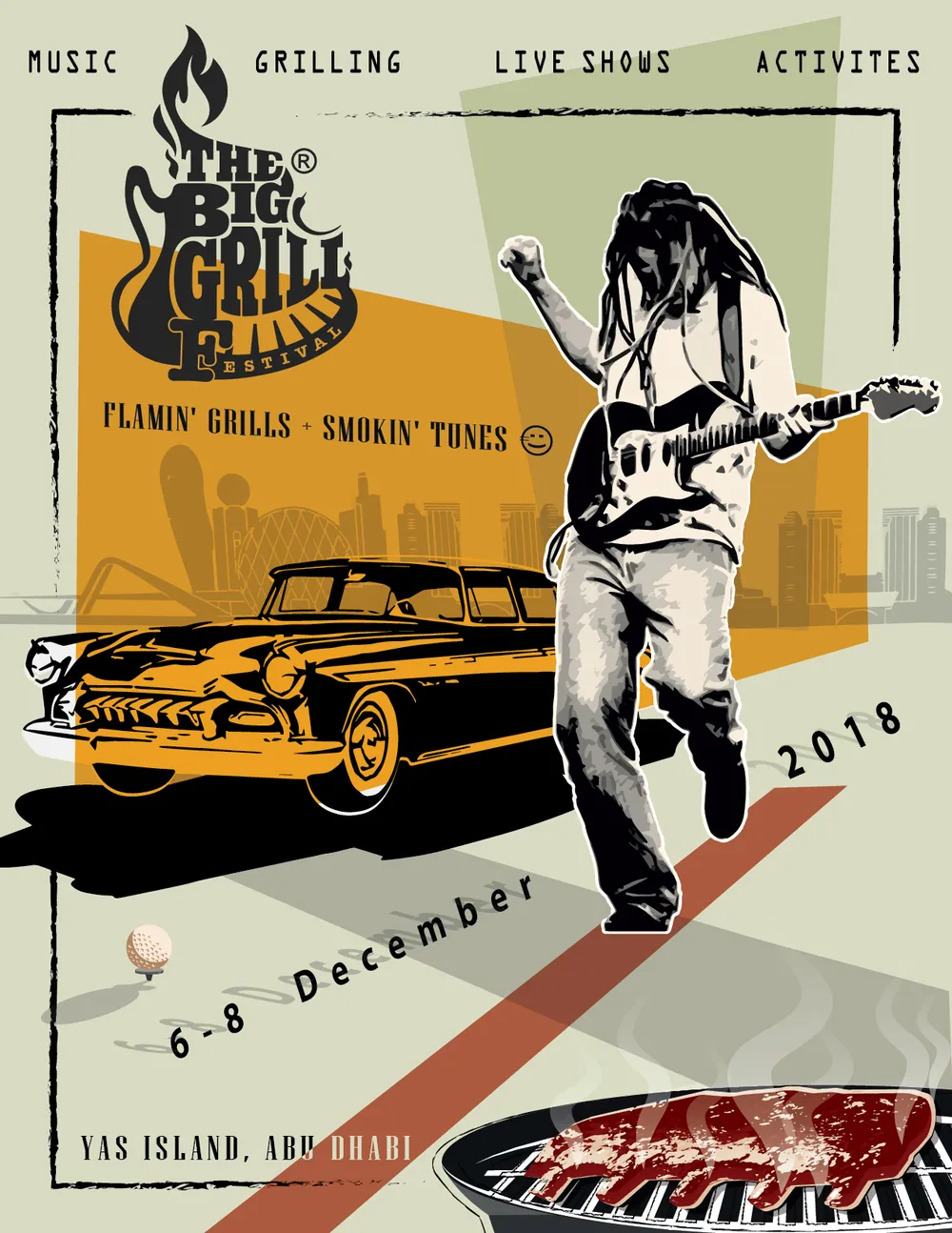 The same poster in ochre, with Yas Island, Abu Dhabi