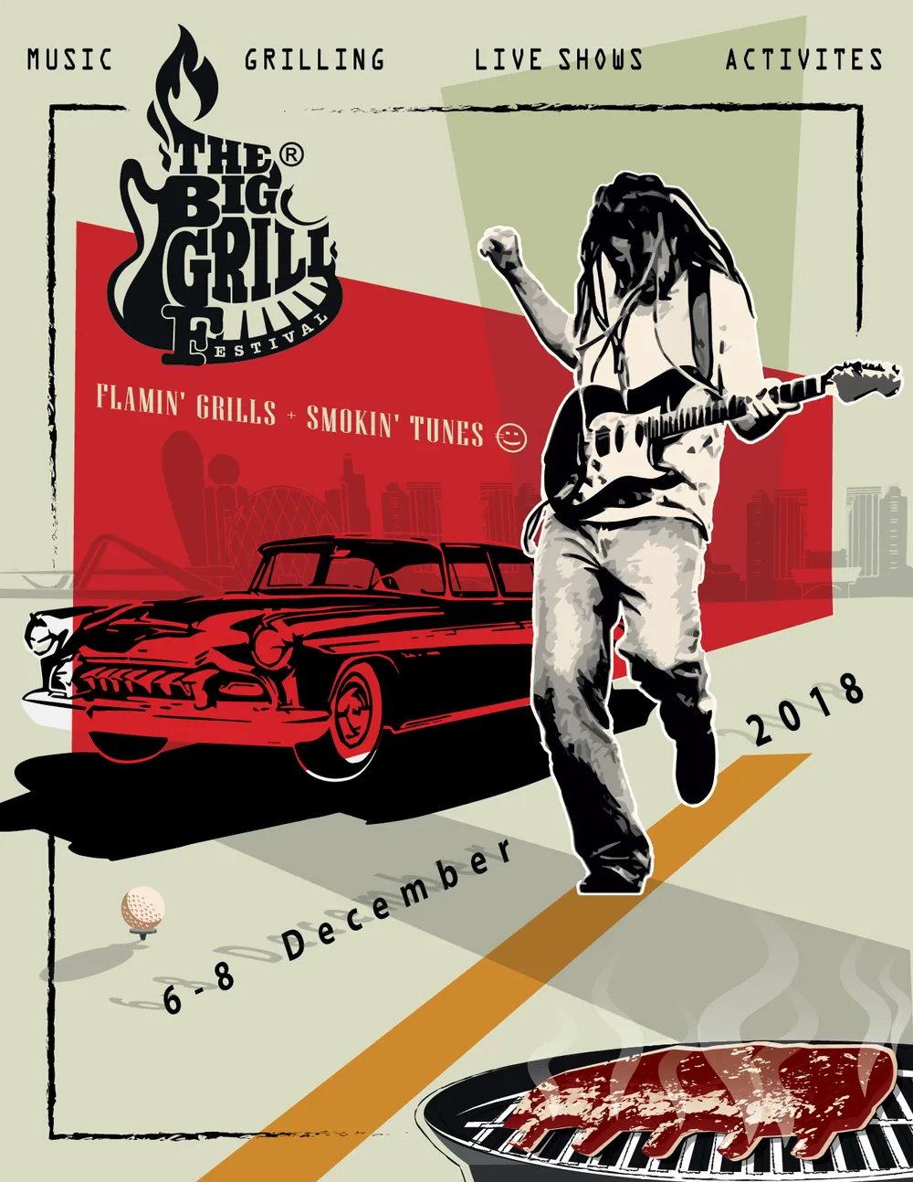 The second route in red: the guitarist in black and white over a red wedge, the car, an orange stripe and the grill, inside a hand-drawn frame