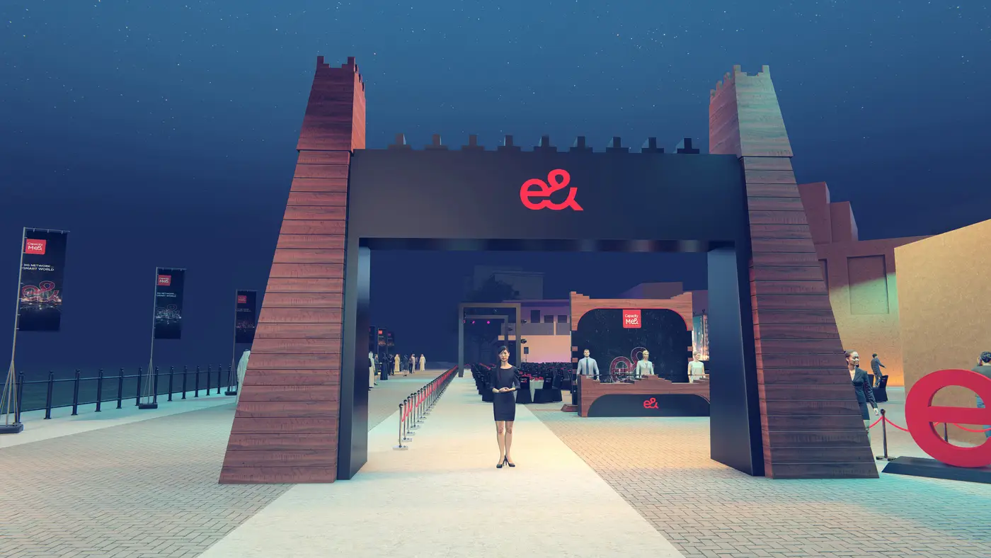 Proposal render, option B: a gate of two timber towers joined by a black beam with the e& mark, a walkway with red ropes