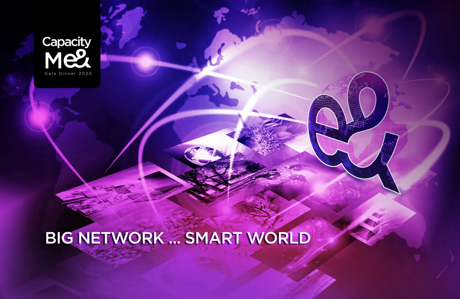 Proposal key visual: a purple world map with tiles of city pictures, a 3D e& mark, the line Big network … smart world, and the Capacity Me& logo