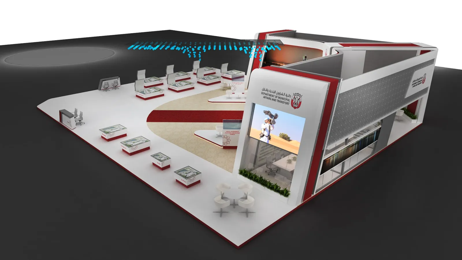 Design render: the stand seen from behind its corner