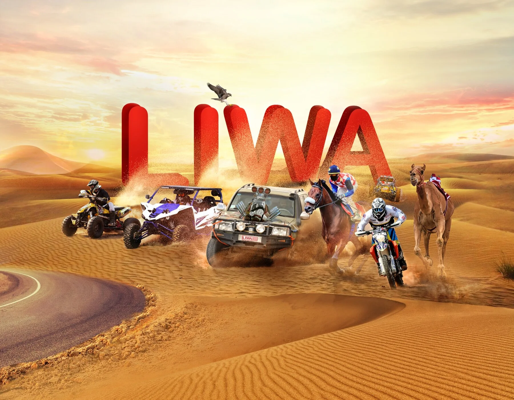 The key visual as released: LIWA in letters the size of dunes, with every sport bursting out of them