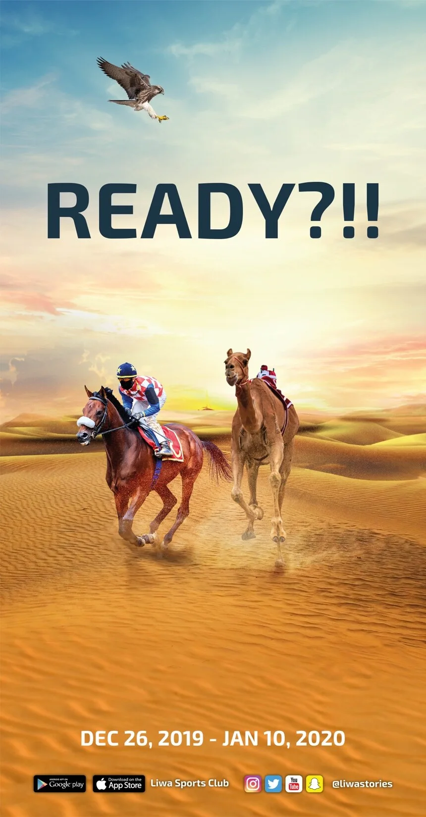 Poster: Ready?!! A horse and a camel racing, 26 December 2019 to 10 January 2020