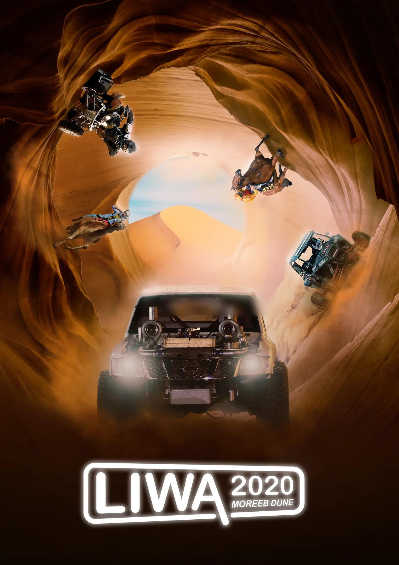 Route 1: a 4x4 bursting out of a sandstone canyon, quad bikes and buggies flying from its walls