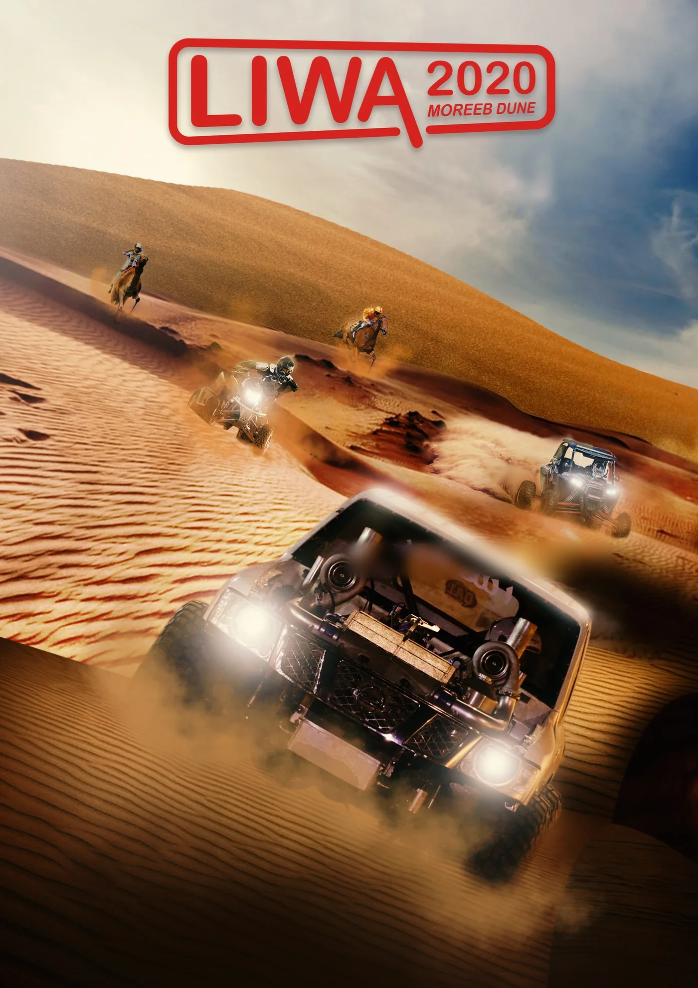 Route 2: a 4x4 charging down the dune at the viewer, bikes and buggies behind it