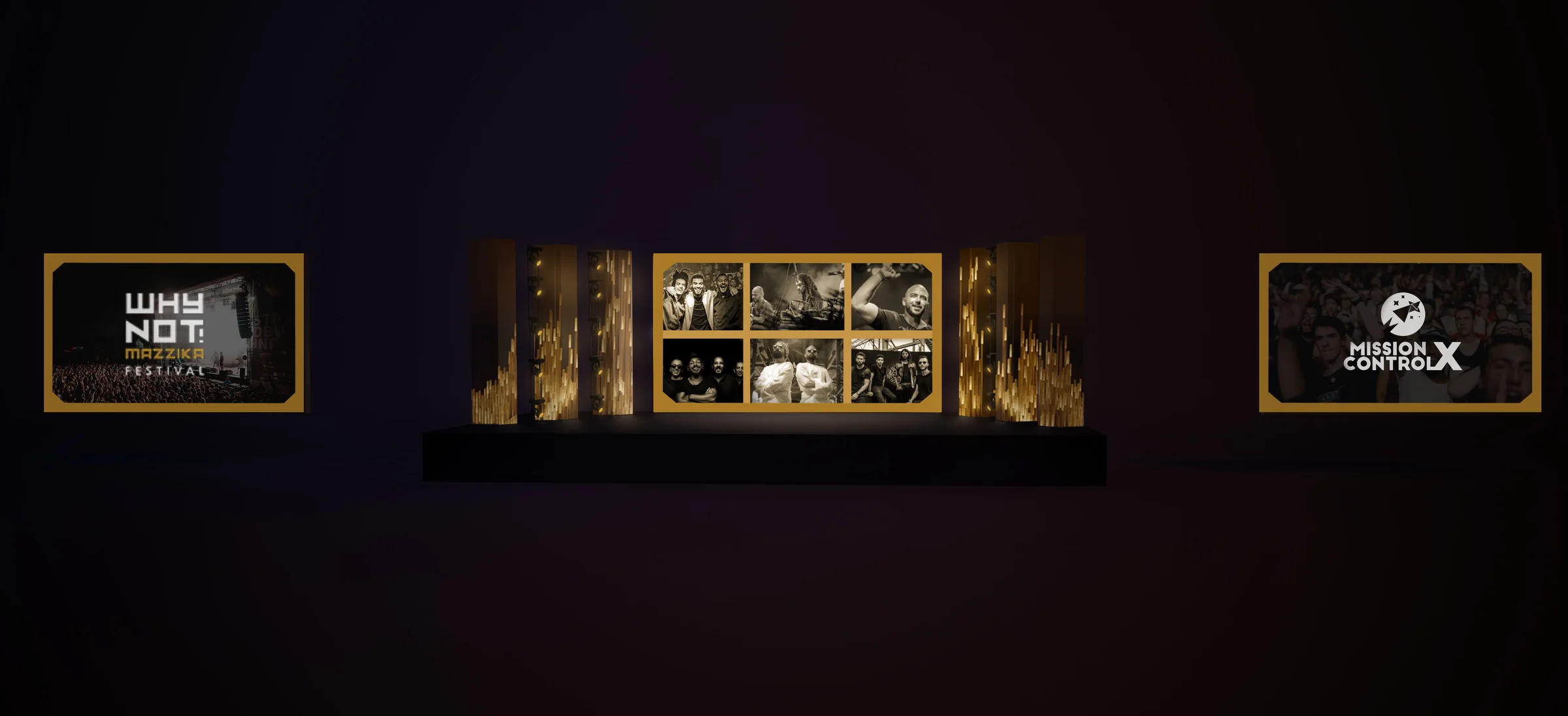 Stage mock-up: on a black stage, a centre screen of six act pictures in a gold frame, three gold pillars on each side, and two side screens in the same frame, one with the festival mark, one with the organiser's
