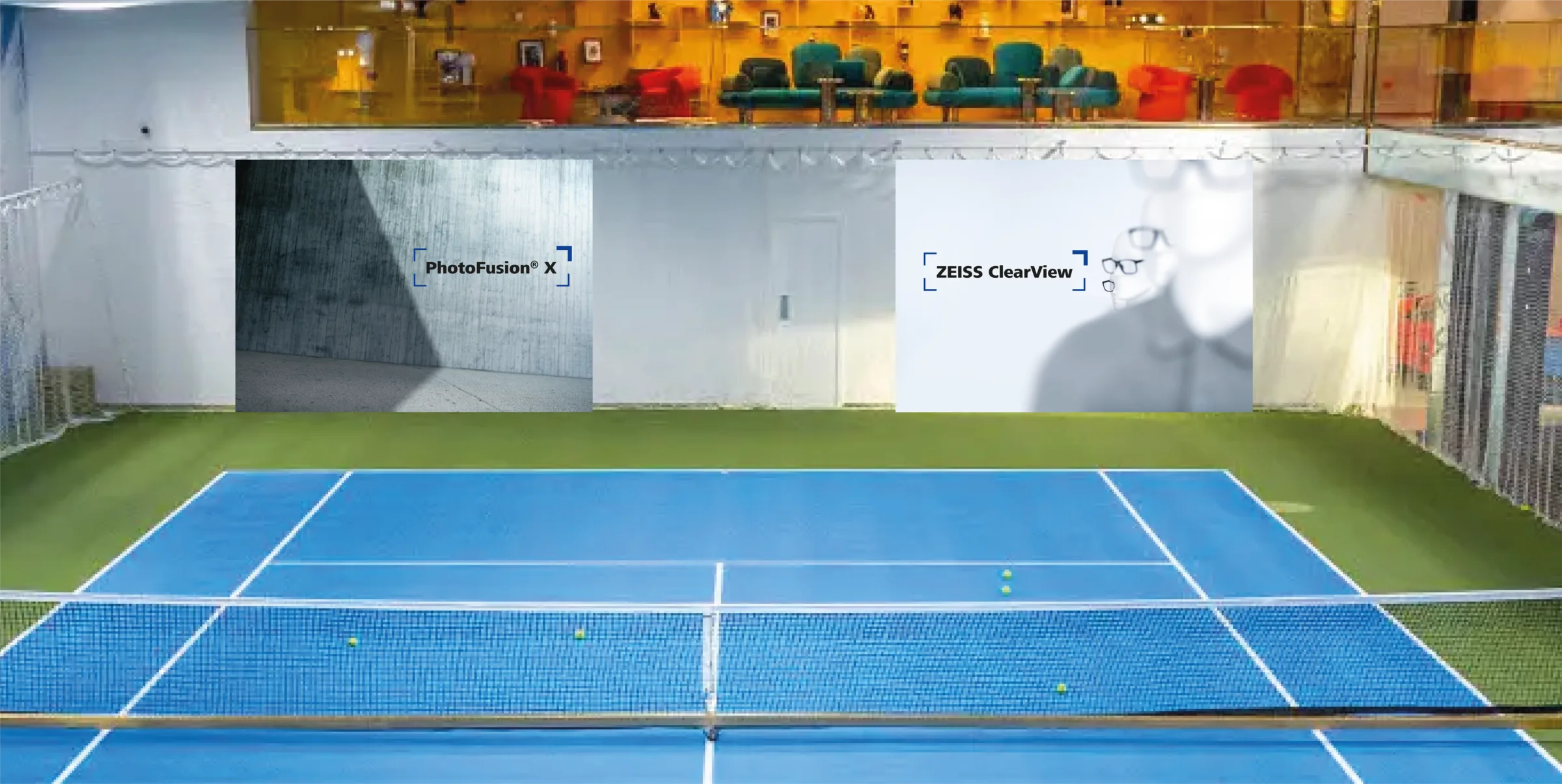 The room, planned: both photo walls drawn into the sports hall